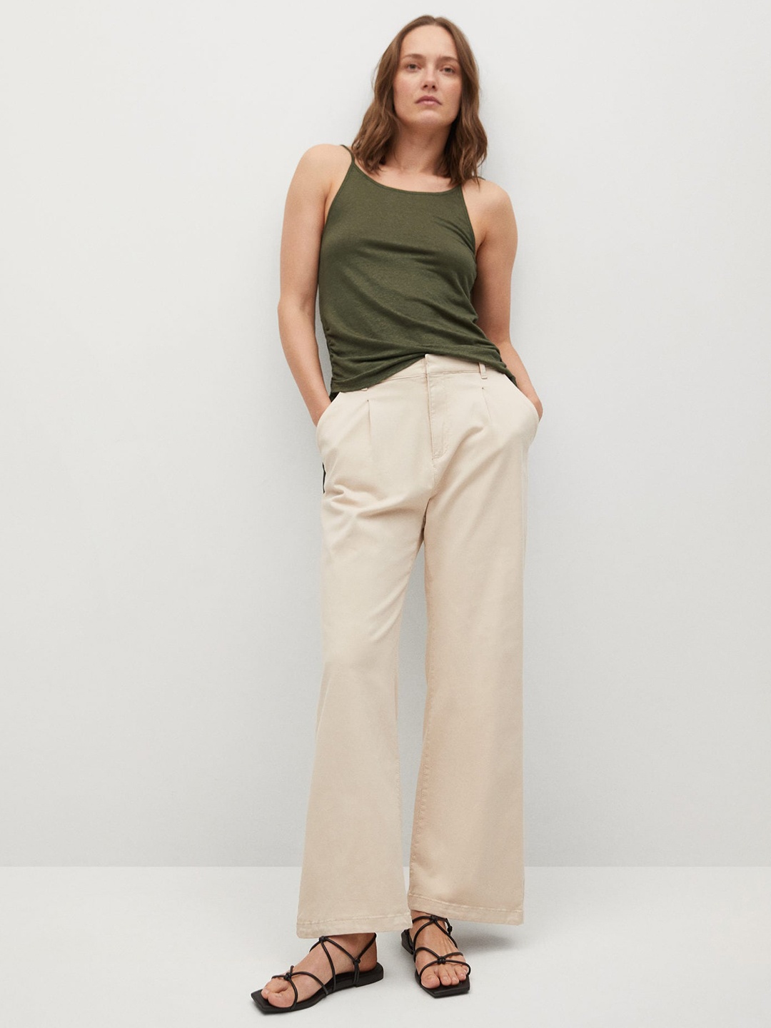 

MANGO Olive Green Solid Linen Regular Top