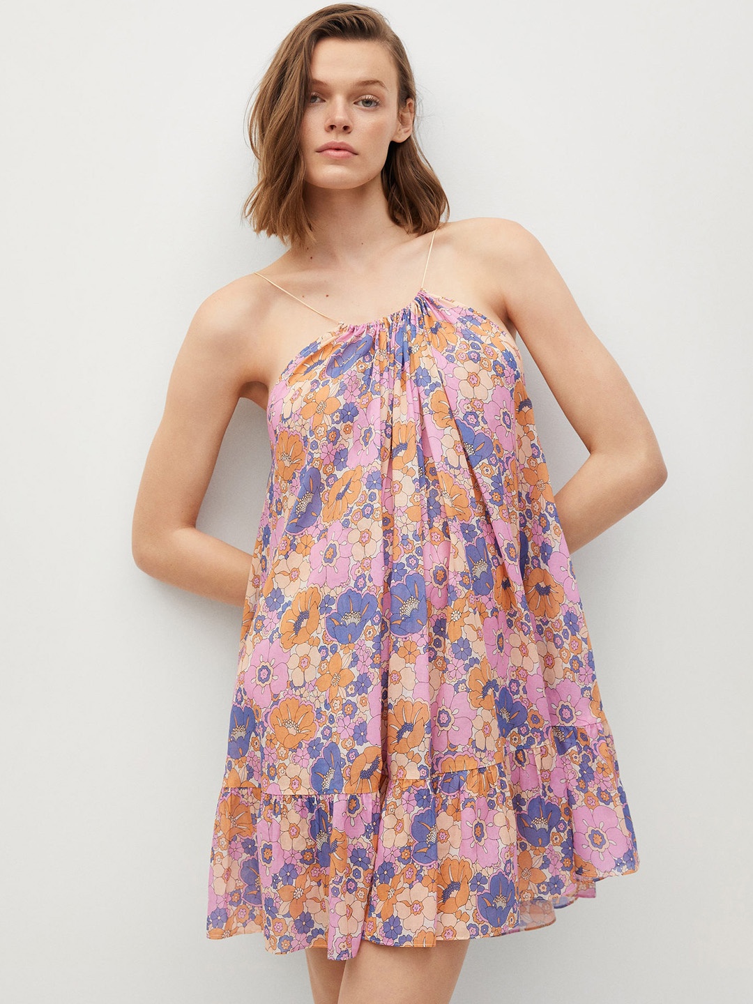 

MANGO Pink & Blue Pure Cotton Floral Print A-Line Dress