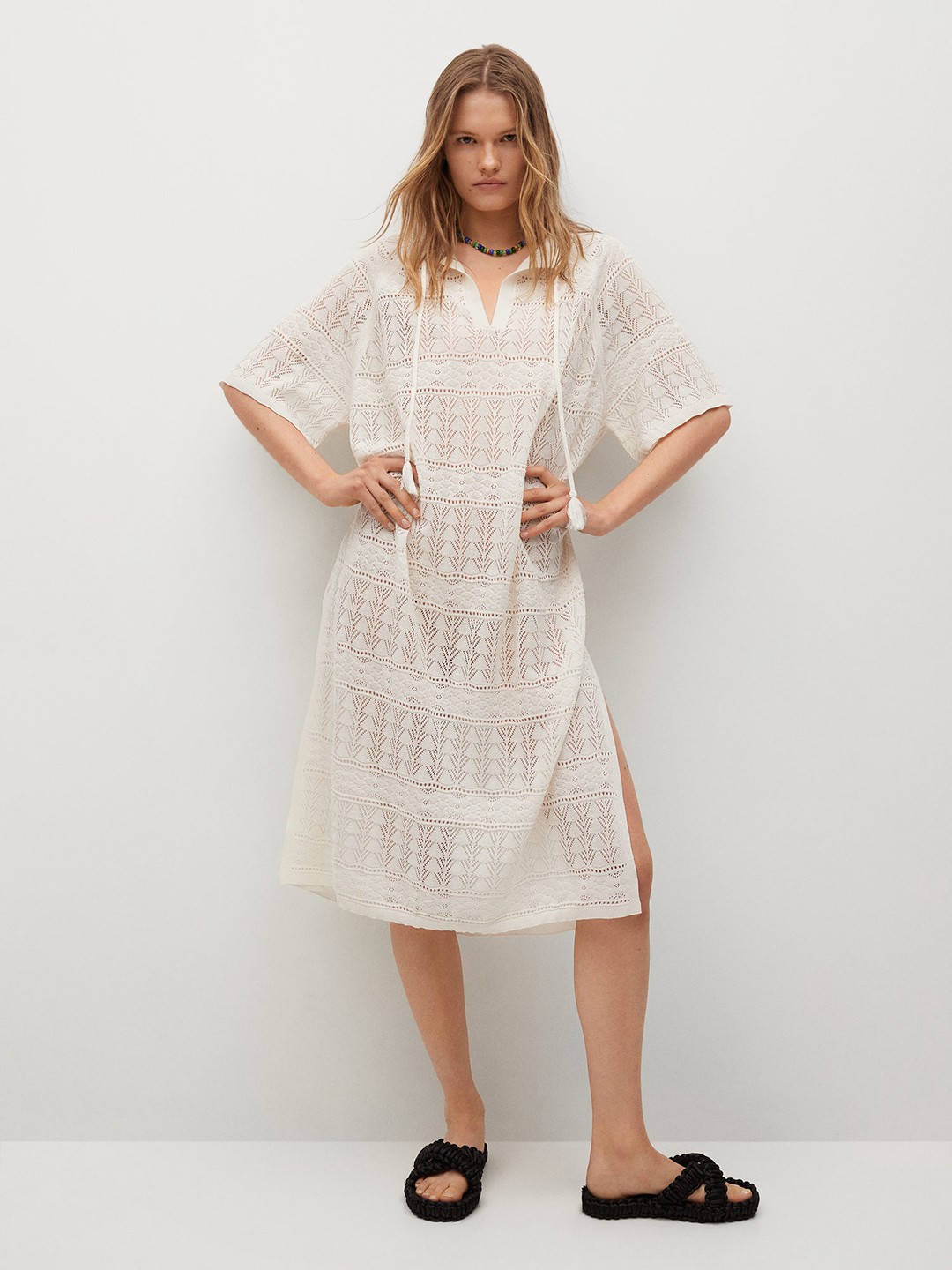 

MANGO Women Off White Self Design Tie-Up Neck A-Line Dress