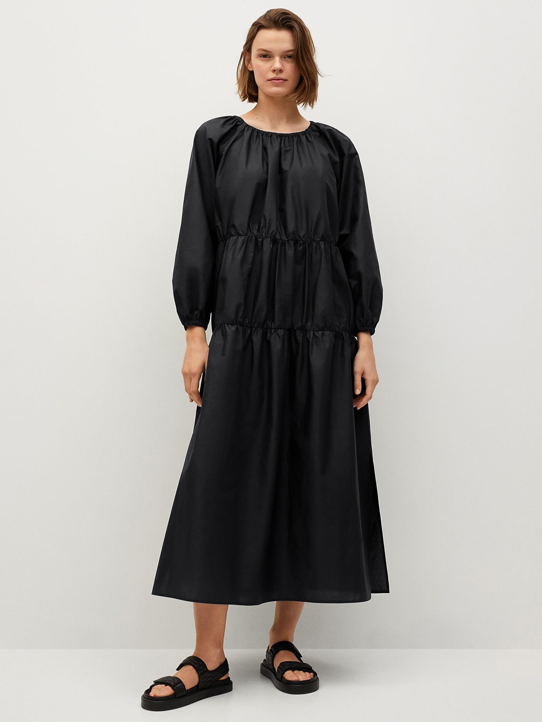 

MANGO Women Black Solid Tiered Pure Cotton A-Line Midi Dress
