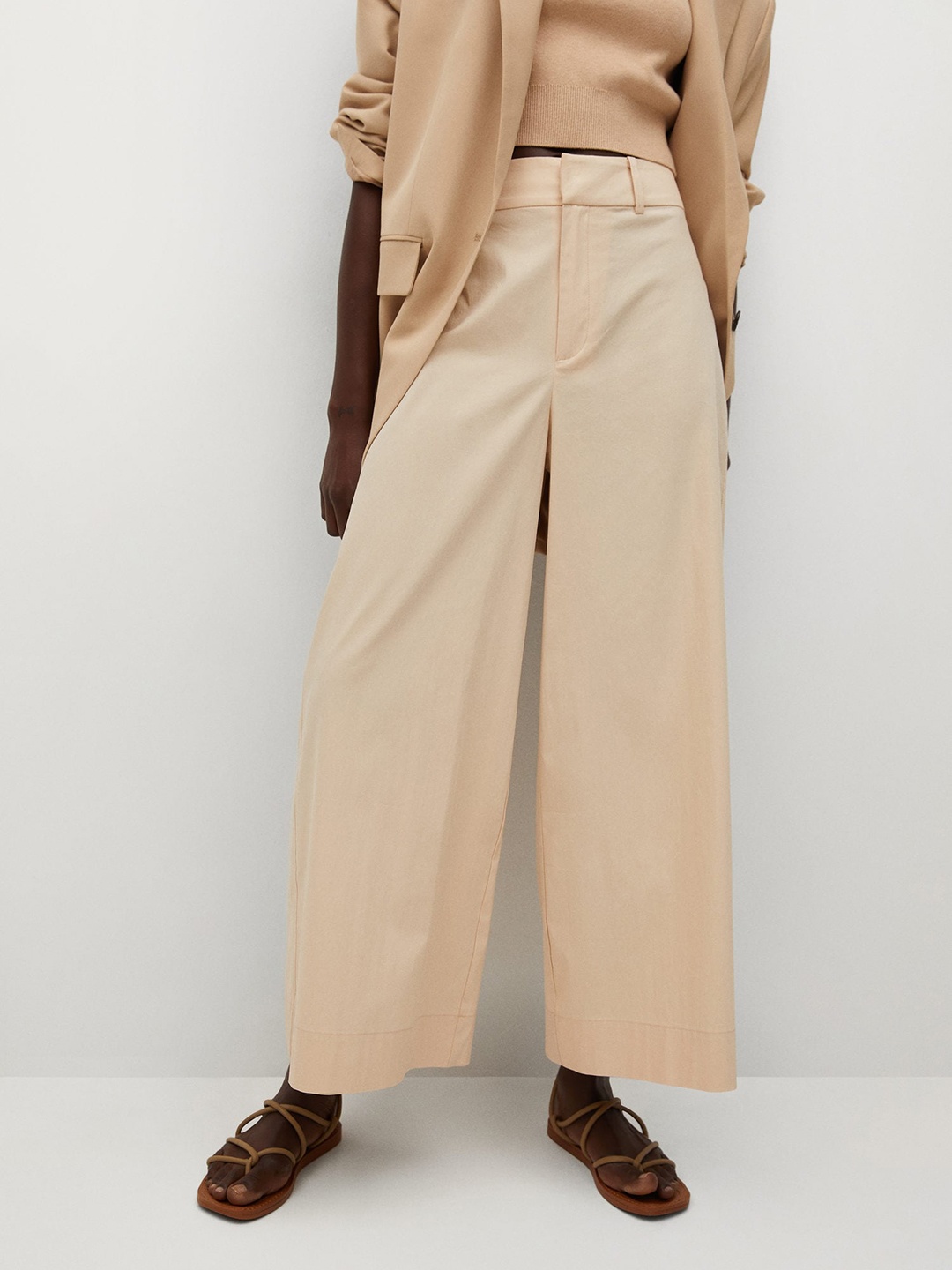 

MANGO Women Beige Organic Cotton High-Rise Solid Parallel Trousers