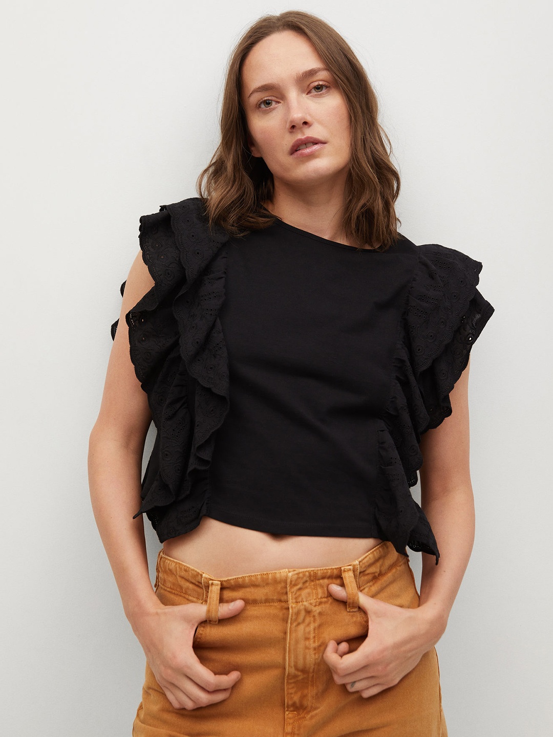 

MANGO Women Black Solid A-Line Crop Top with Schiffli Detail