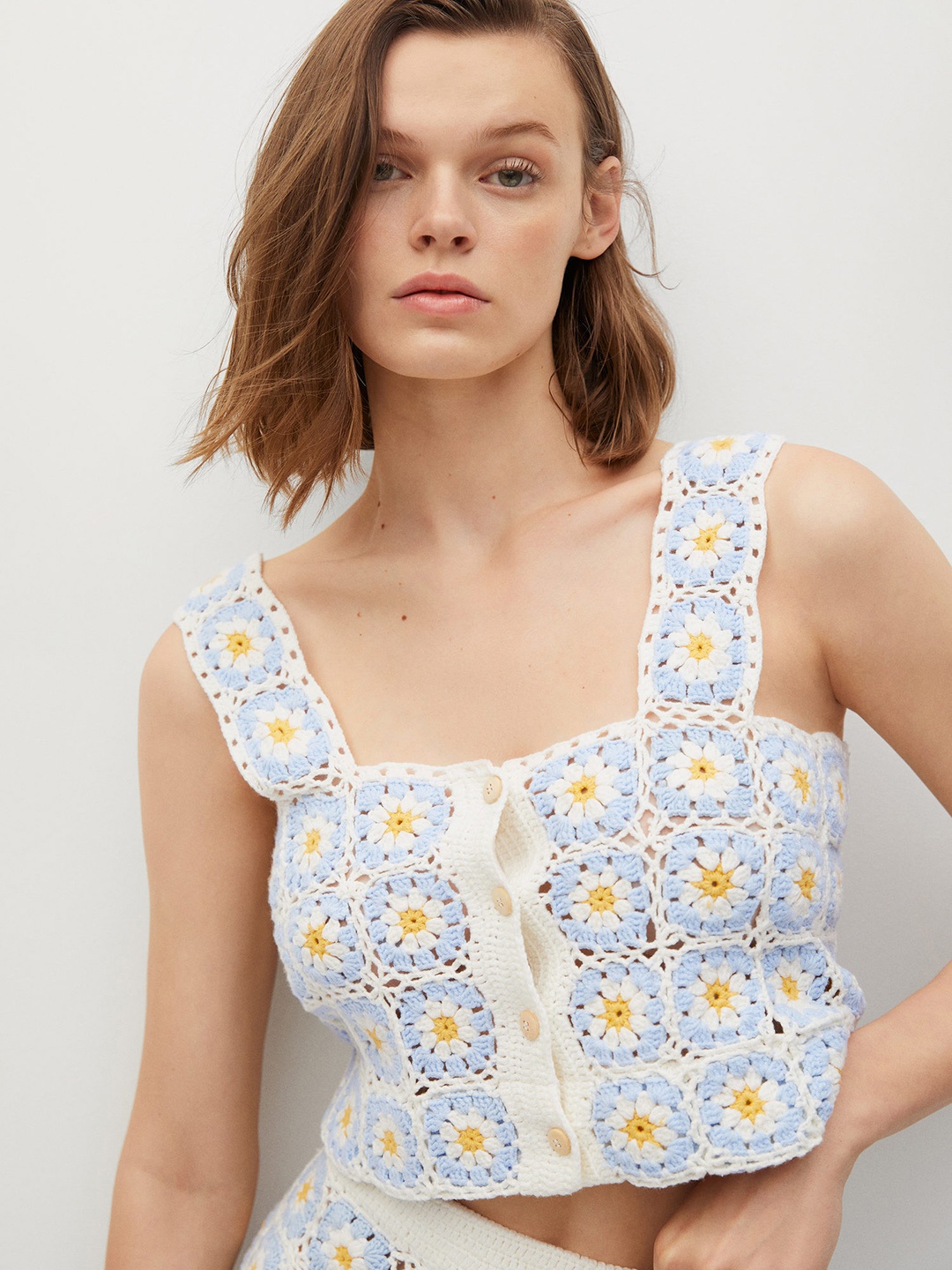 

MANGO Blue & Off White Handmade Daisy Crochet Crop Top