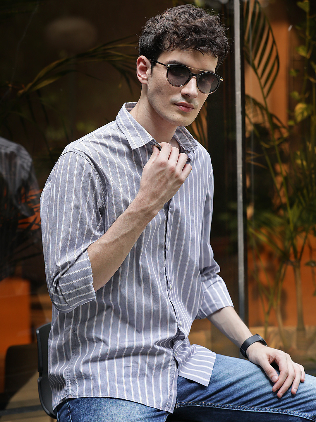 

MANGO MAN Grey & White Striped Formal Shirt