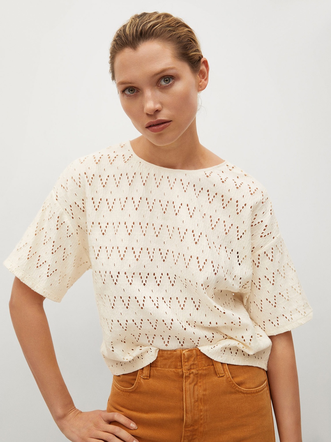 

MANGO Women Beige Self Designed Sustainable Regular Top