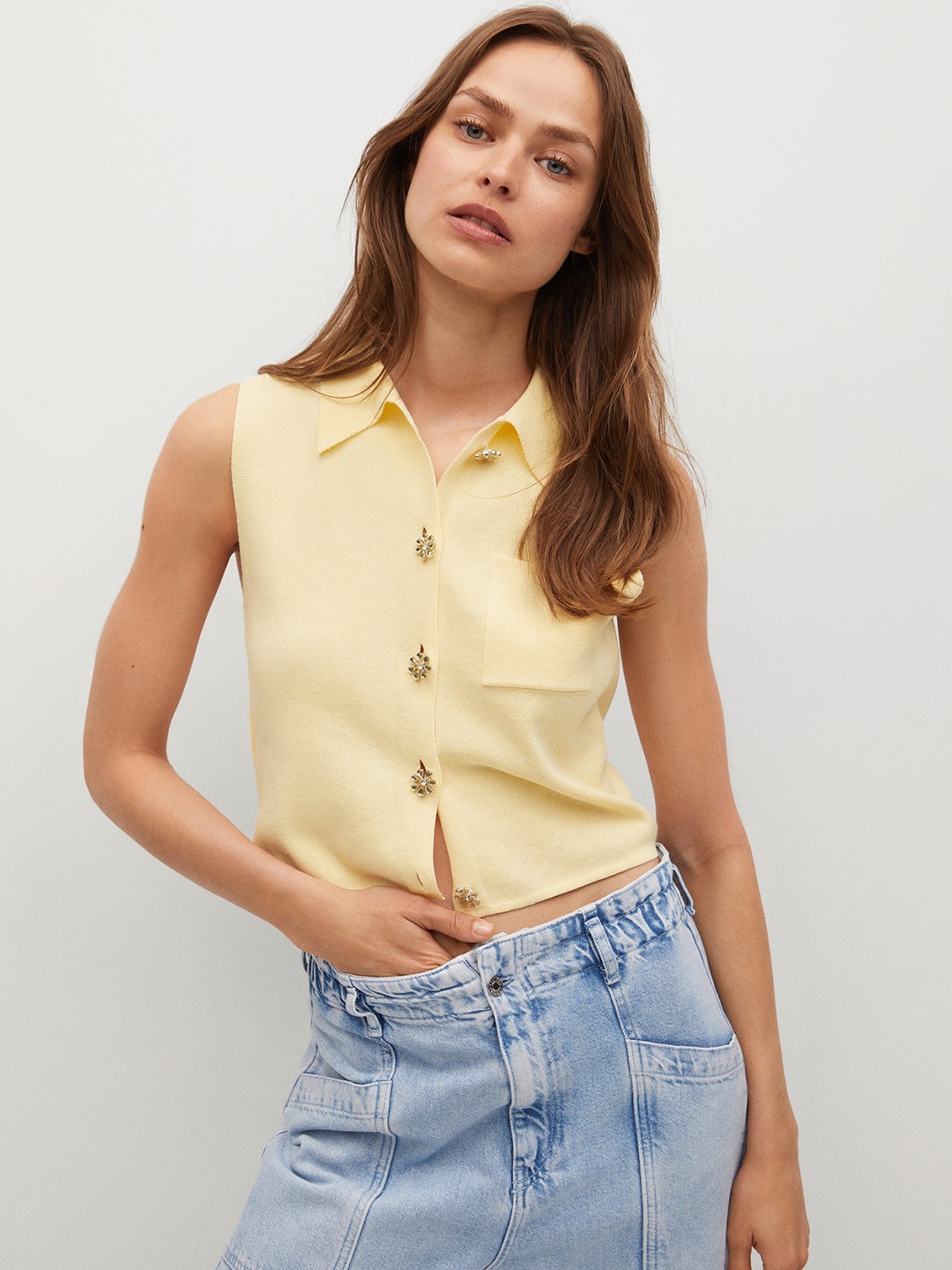 

MANGO Women Yellow Solid Shirt Style Crop Top with Studded Placket