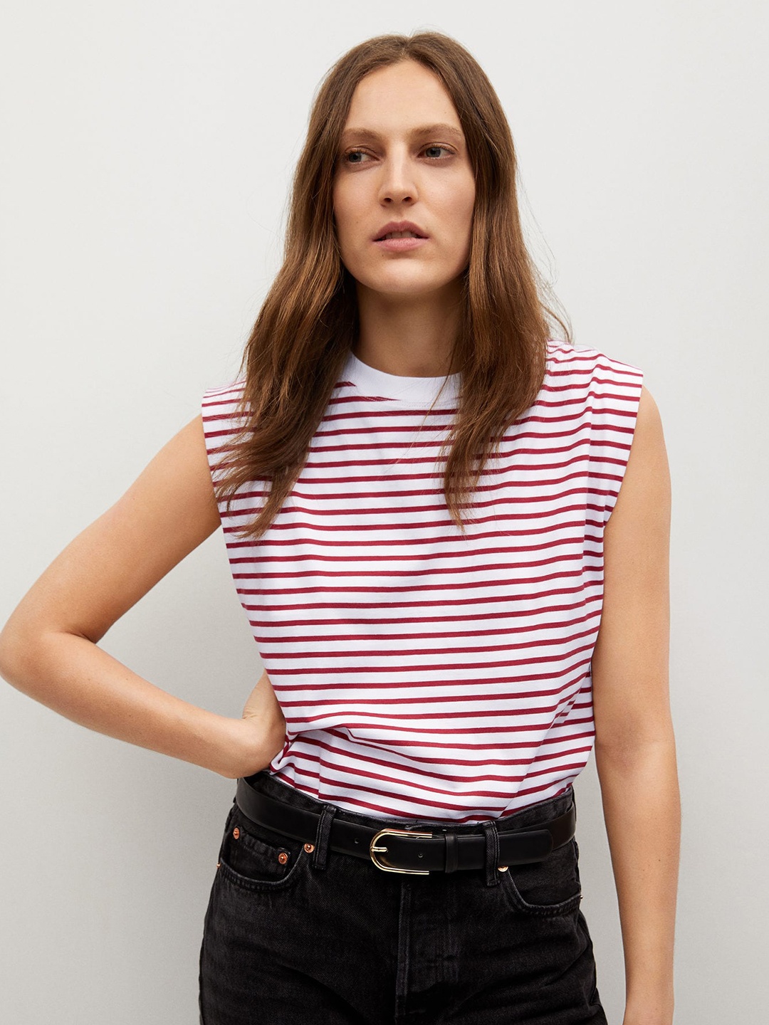 

MANGO Women White & Red Striped Cotton T-shirt