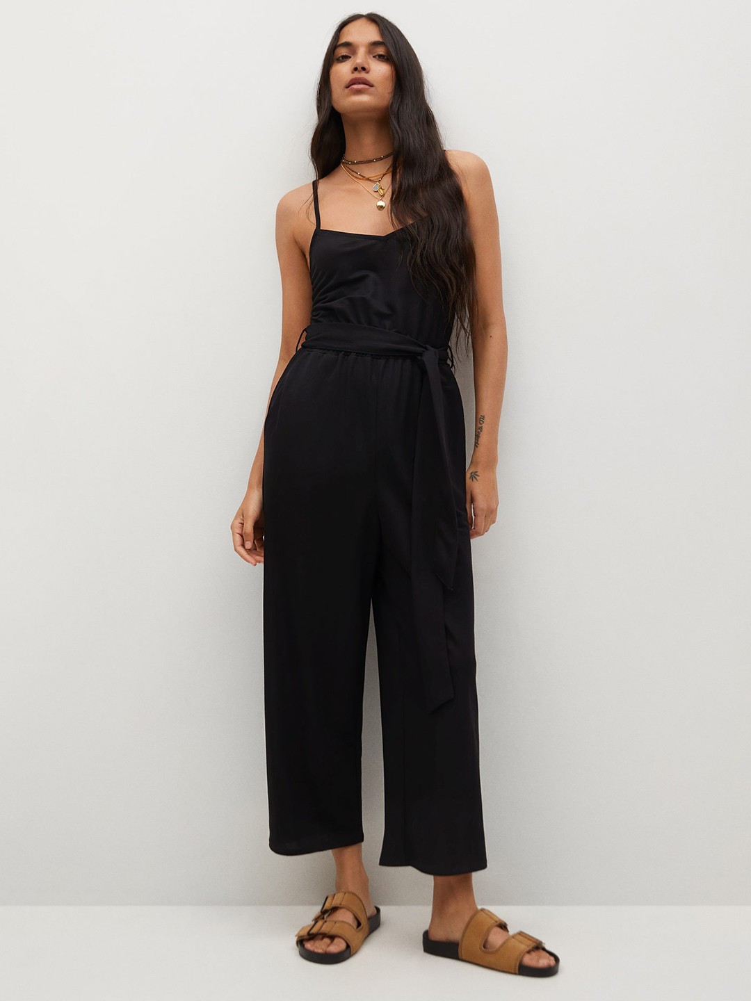 

MANGO Black Solid Basic Jumpsuit with Belt