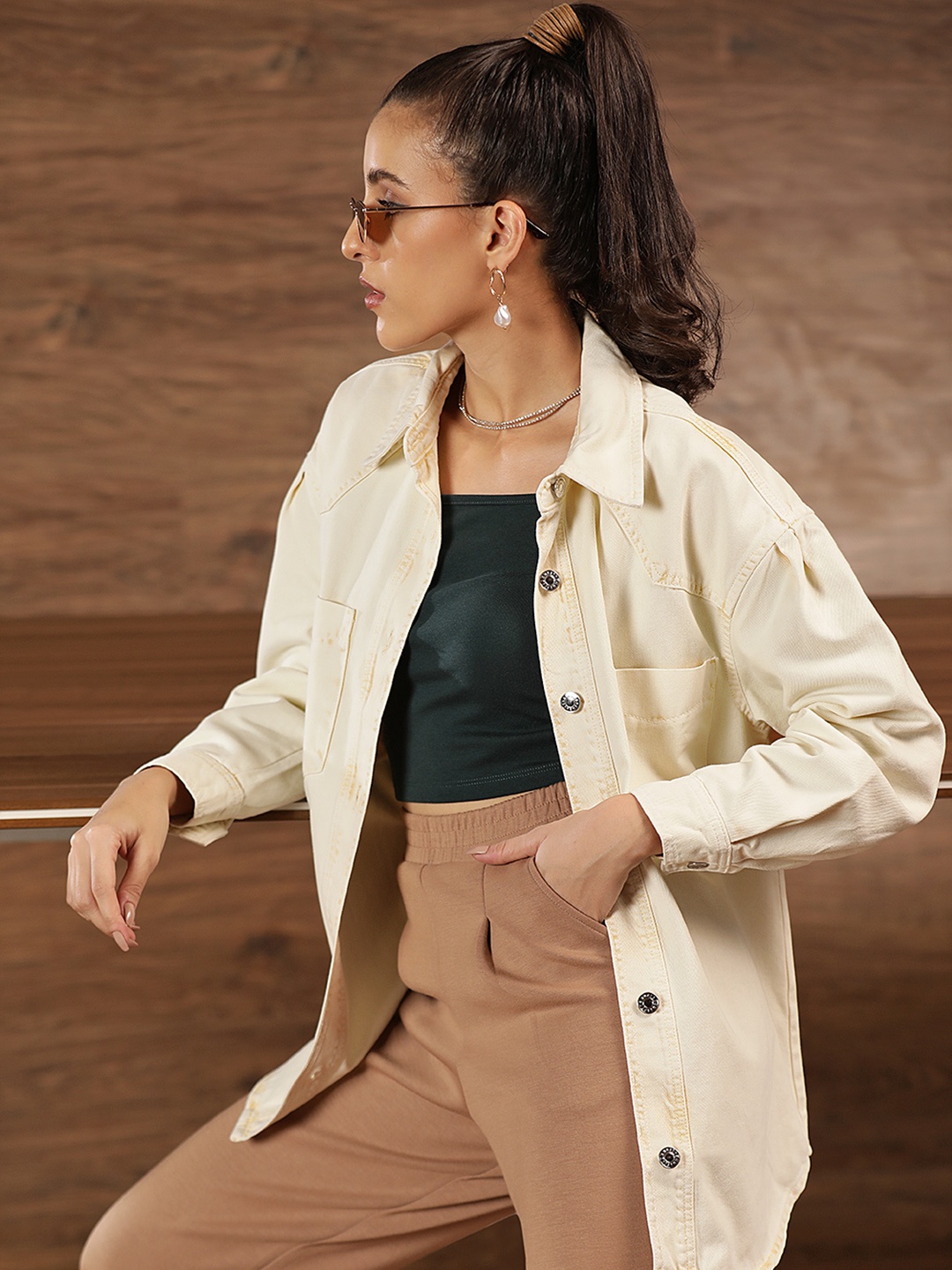

MANGO Women Cream-Coloured Sustainable Cotton Solid Denim Shacket