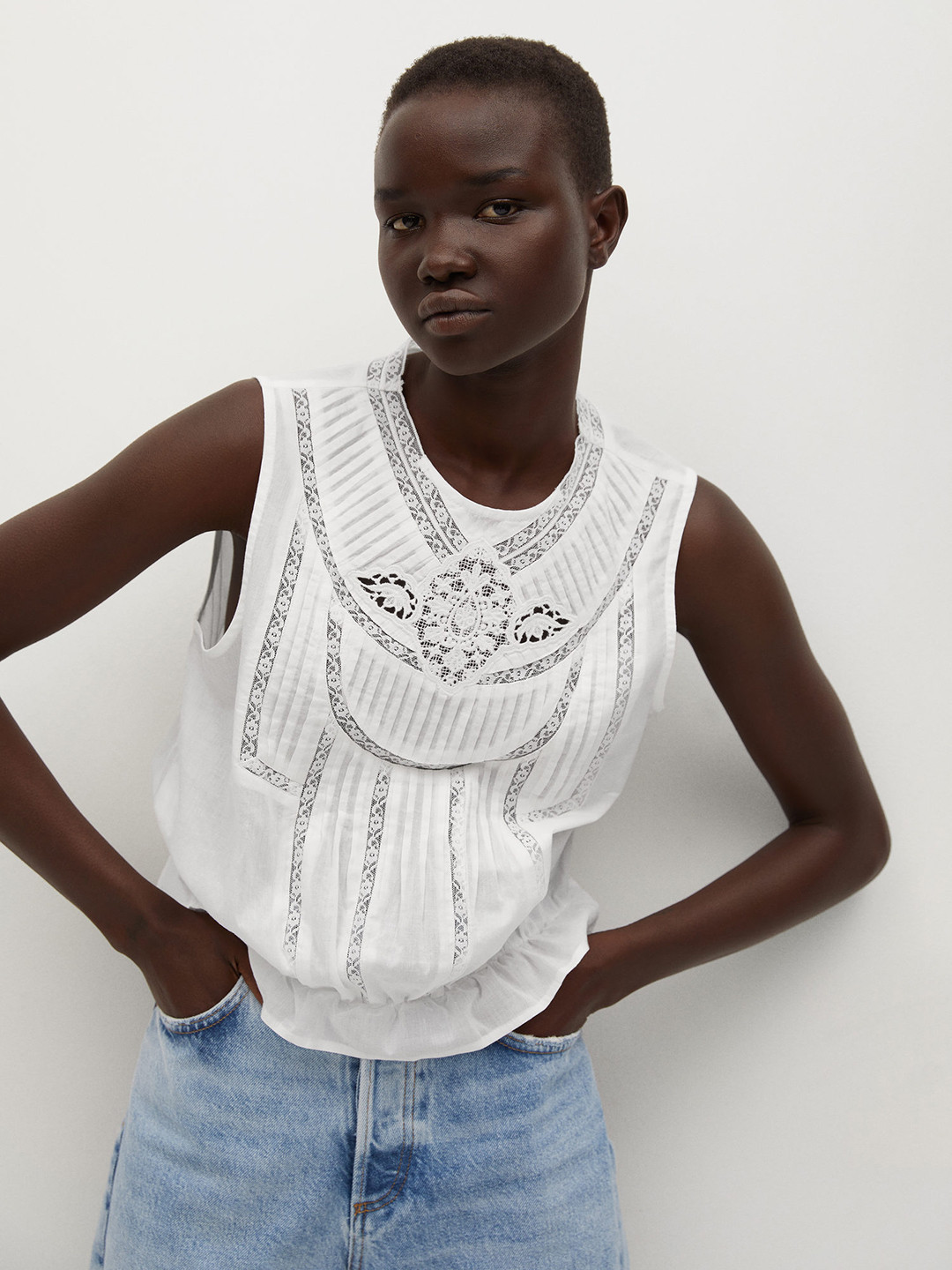 

MANGO White Lace Inserts Pure Cotton Blouson Top