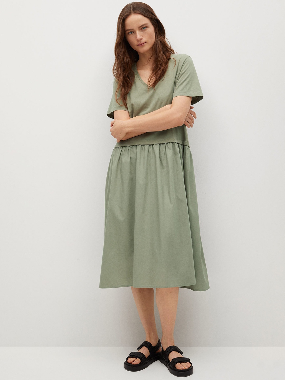 

MANGO Olive Green Solid Organic Cotton A-Line Dress