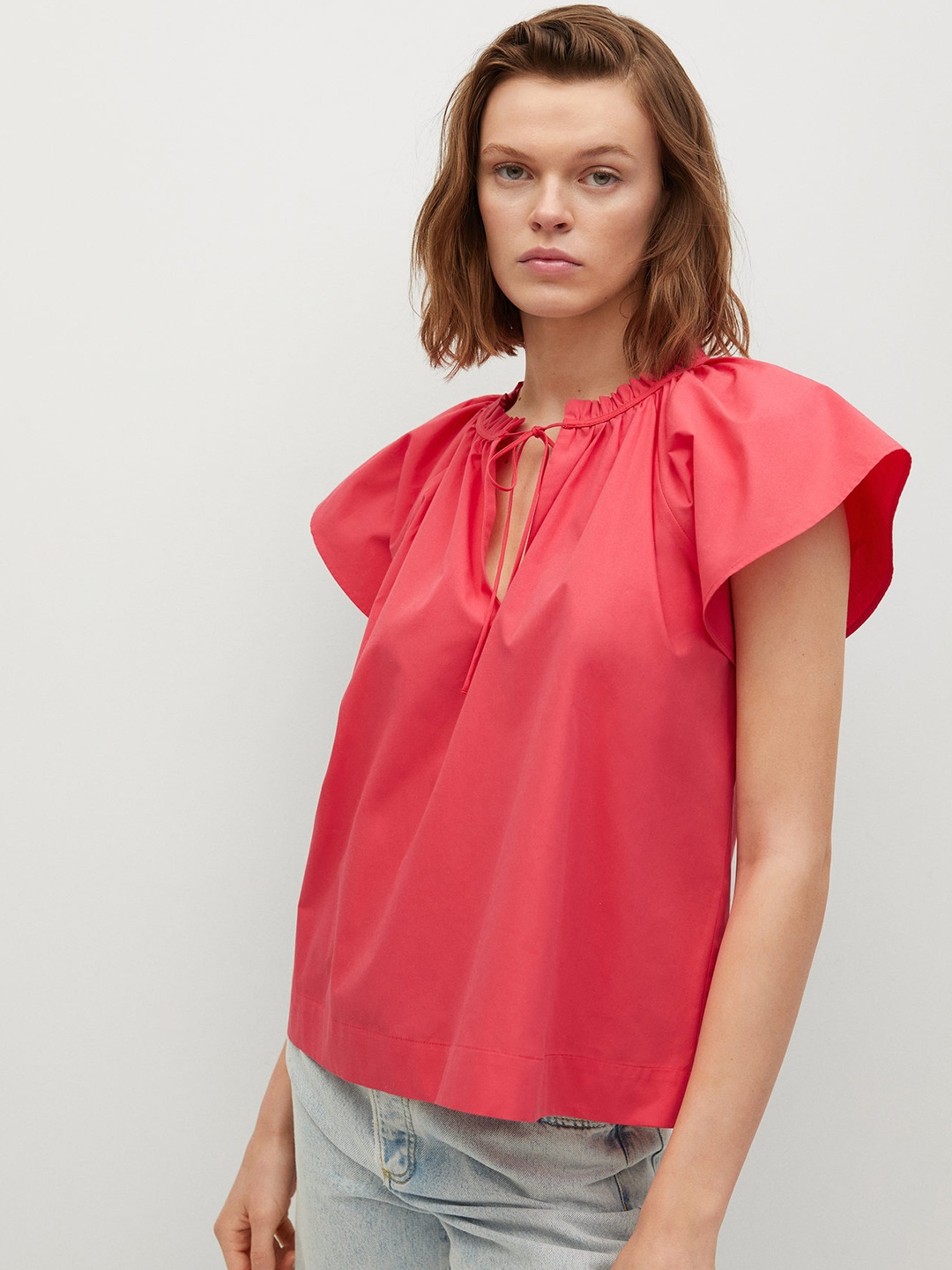 

MANGO Coral Pink Pure Cotton Tie-Up Neck Flared Sleeves Regular Top