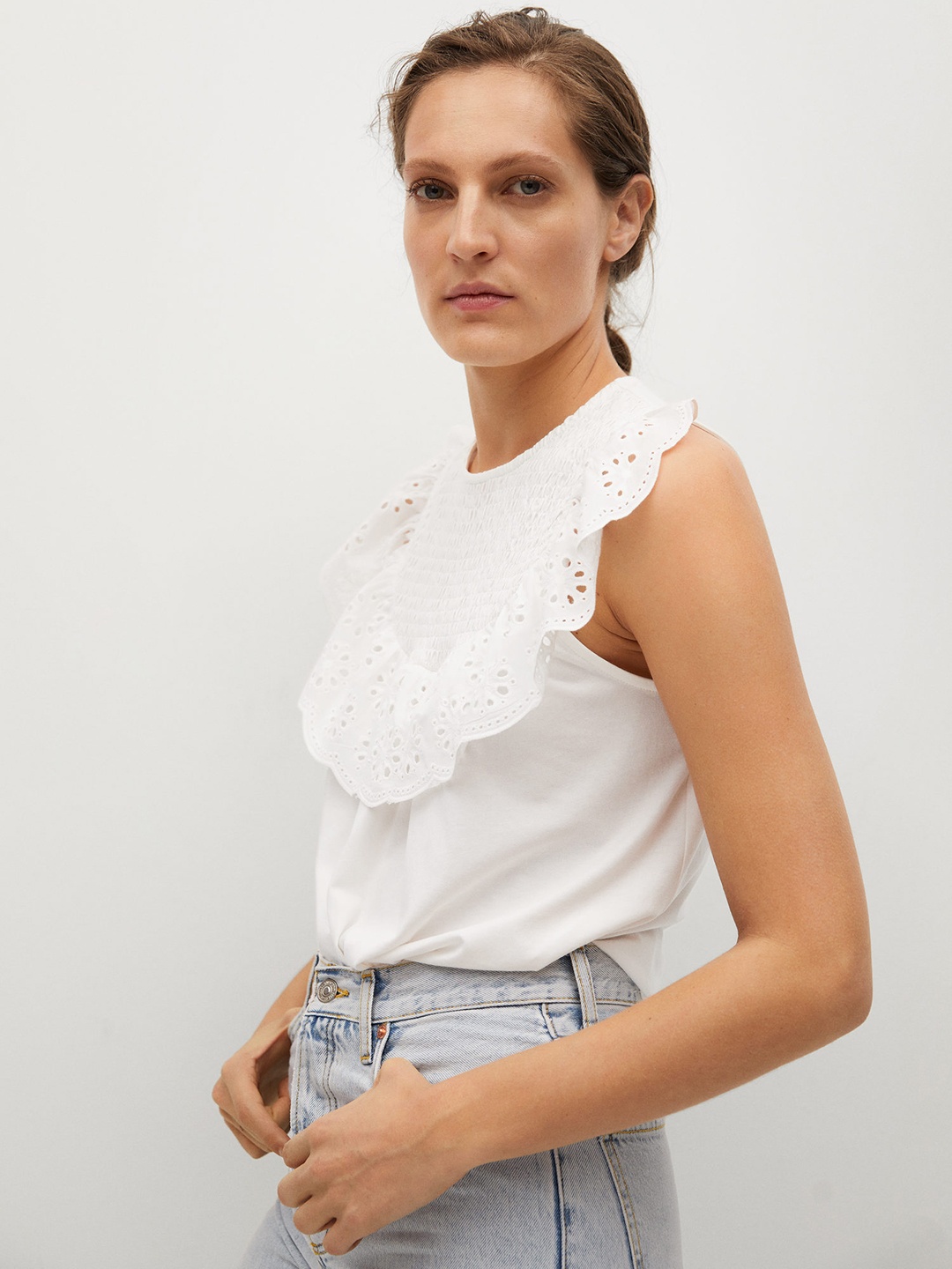 

MANGO Women White Solid Pure Cotton Top with Schiffli Detail