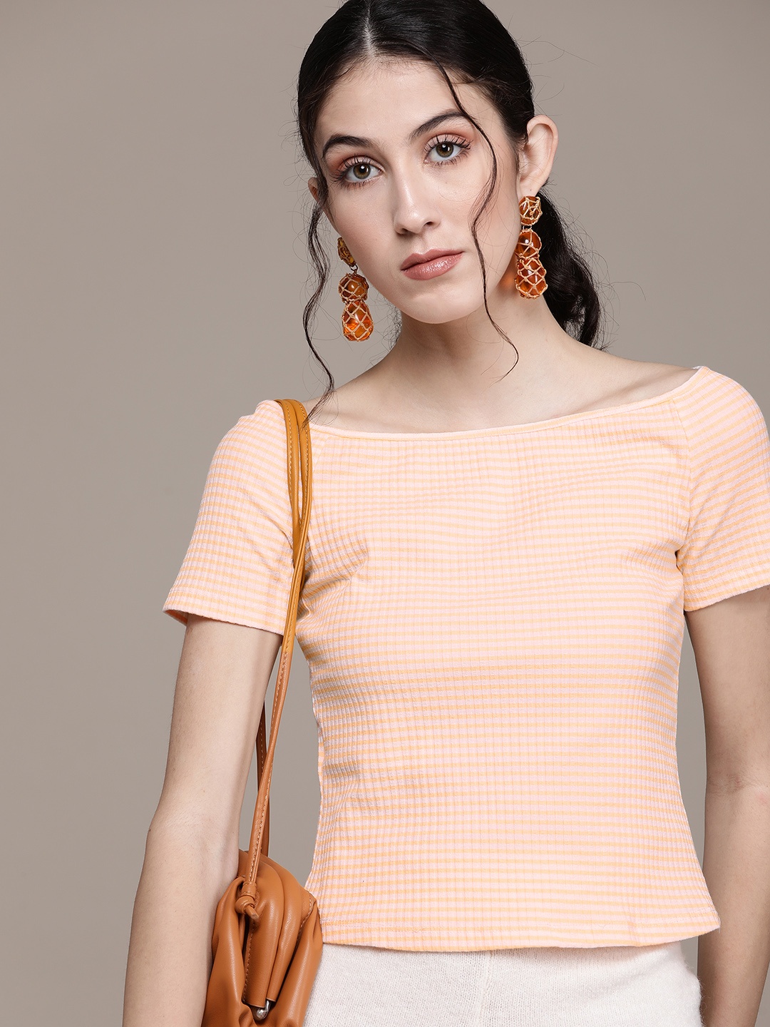 

MANGO Women White & Peach-Colored Striped Sustainable Fitted Top