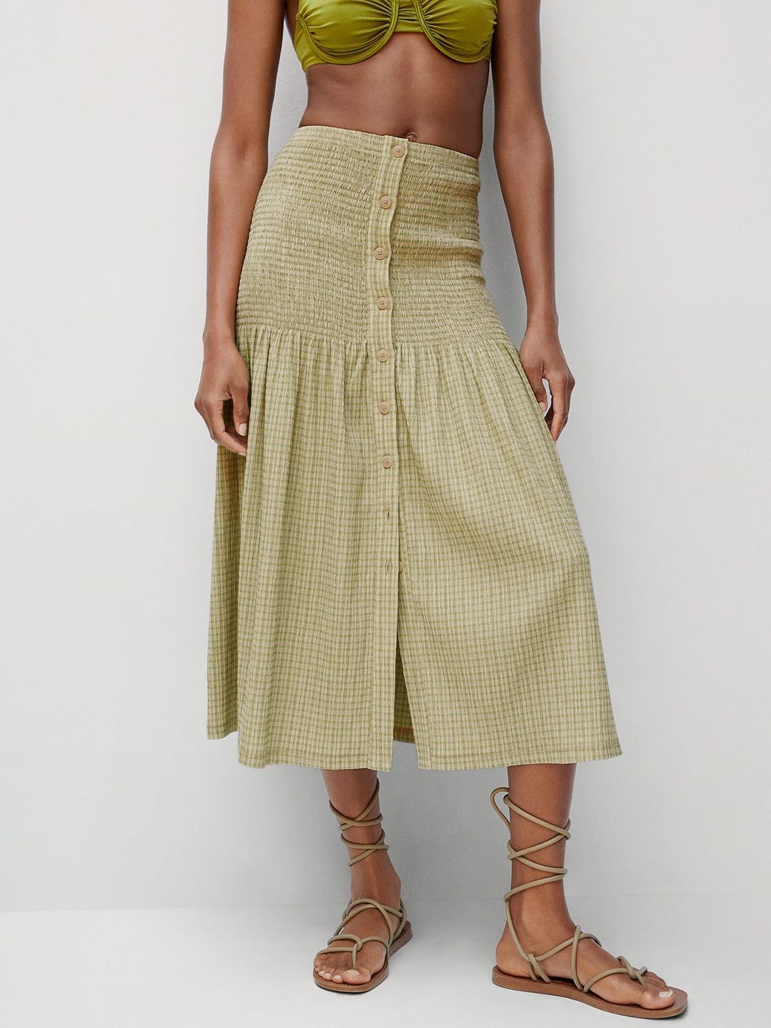 

MANGO Women Beige & Green Checked Smocked Front-Slit A-Line Midi Skirt