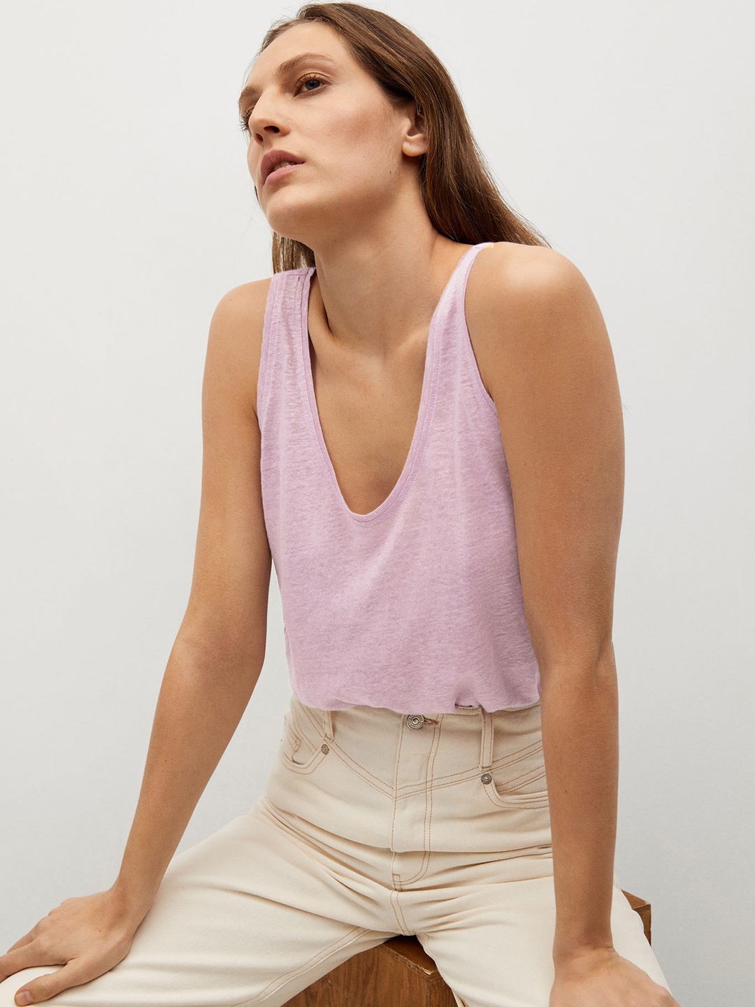 

MANGO Lavender Solid Linen Regular Top