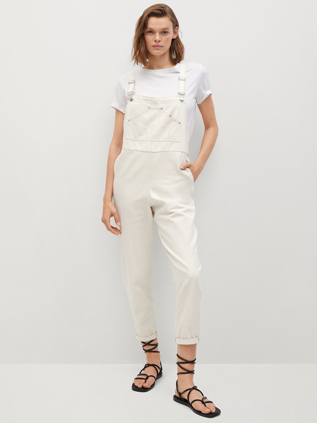 

MANGO Women Cream-Coloured Pure Cotton Solid Straight Dungarees