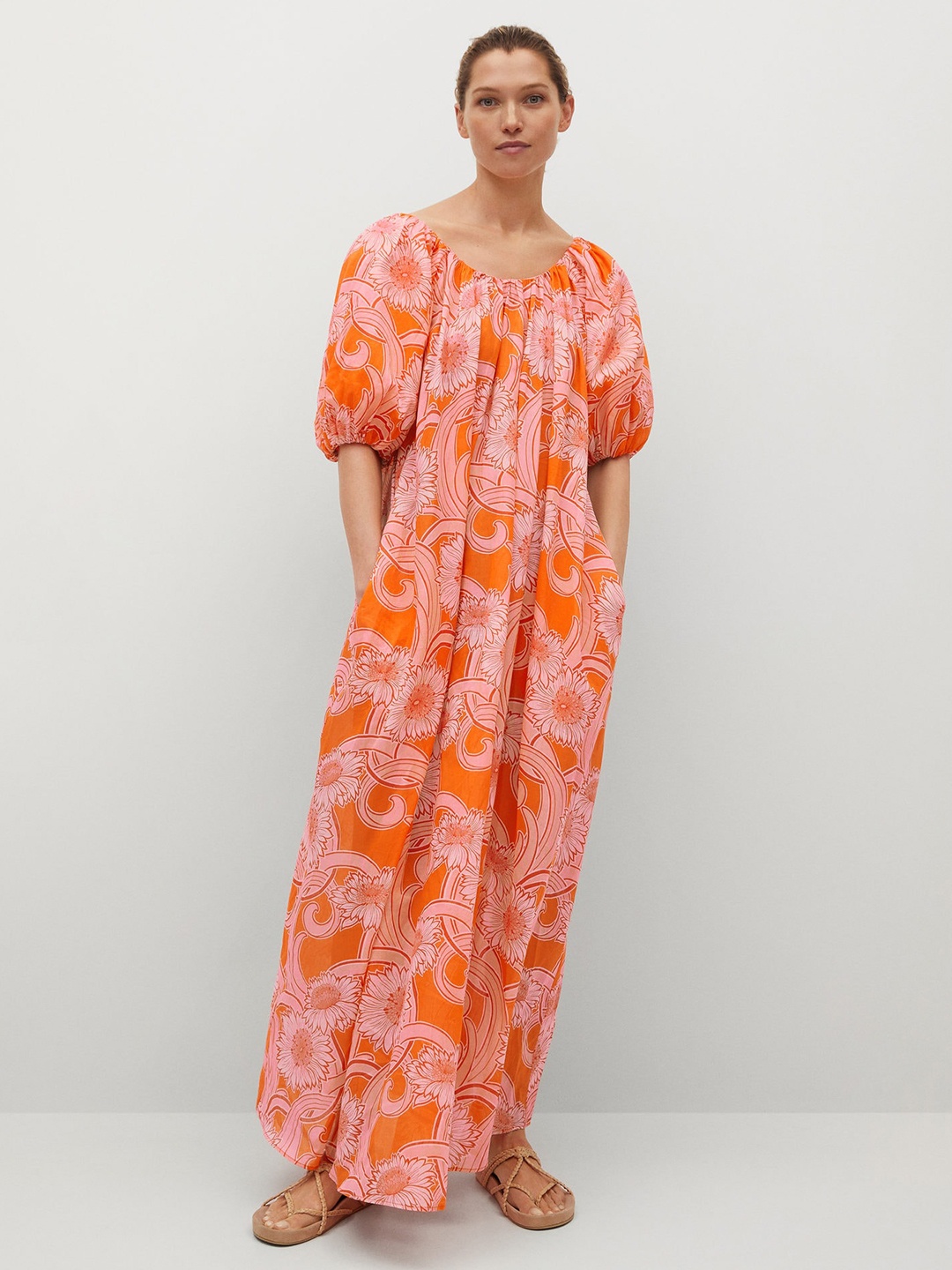 

MANGO Orange & White Floral Print Gathered Maxi Dress