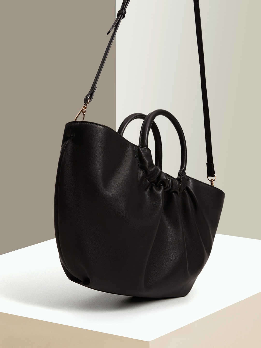 

MANGO Black Ruched Structured Handheld Bag