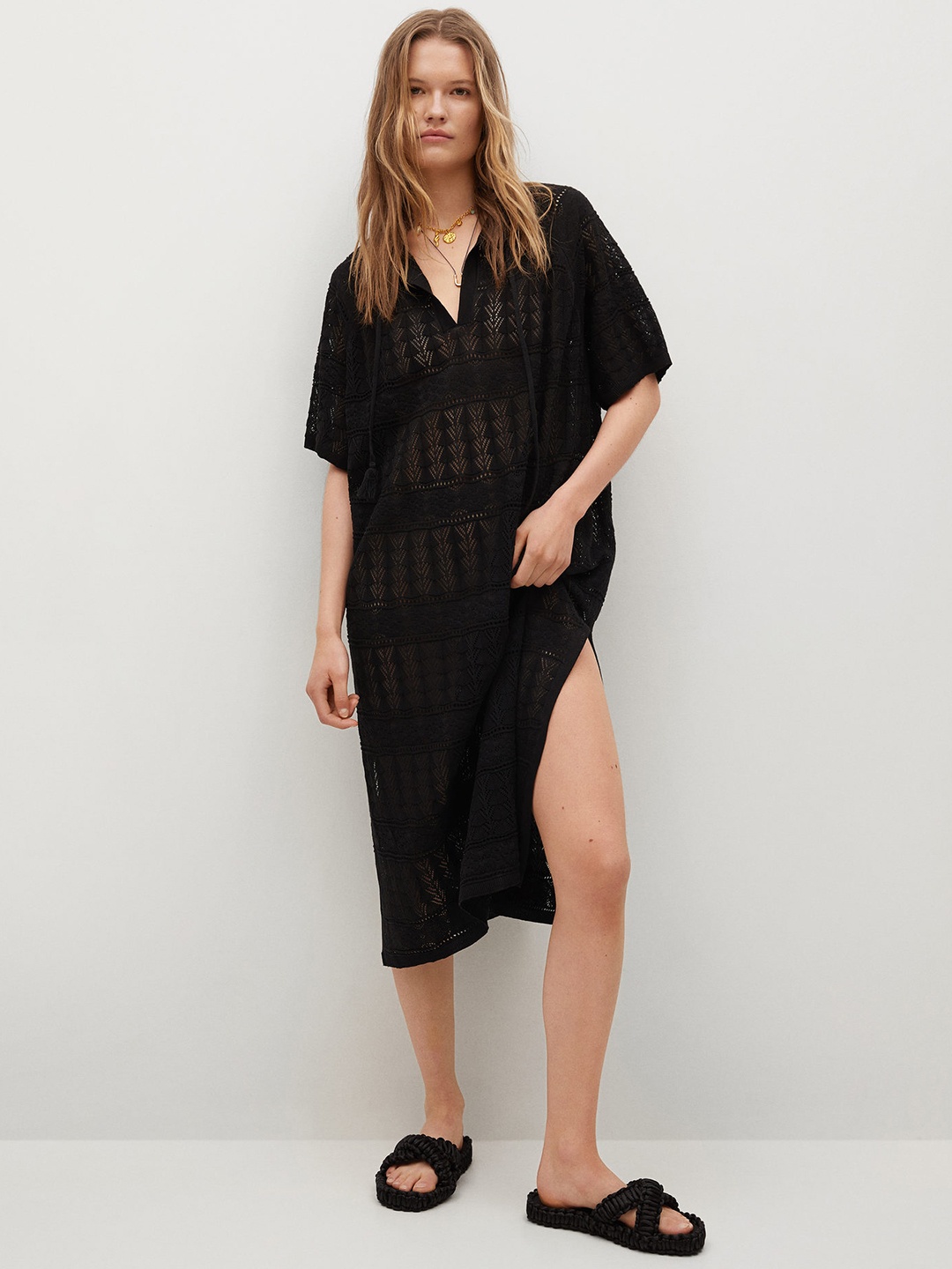 

MANGO Black Woven Striped A-Line Midi Dress