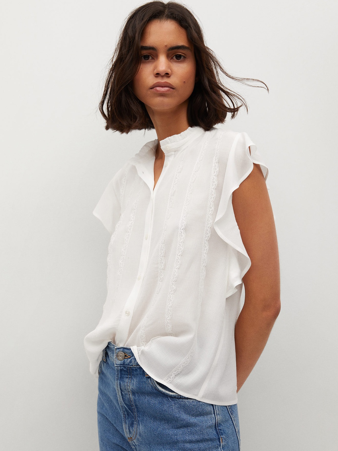 

MANGO Women White Striped Mandarin Collar Regular Top