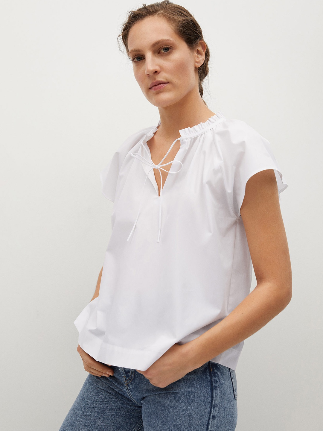 

MANGO White Solid Tie-Up Neck Extended Sleeves Cotton Regular Top