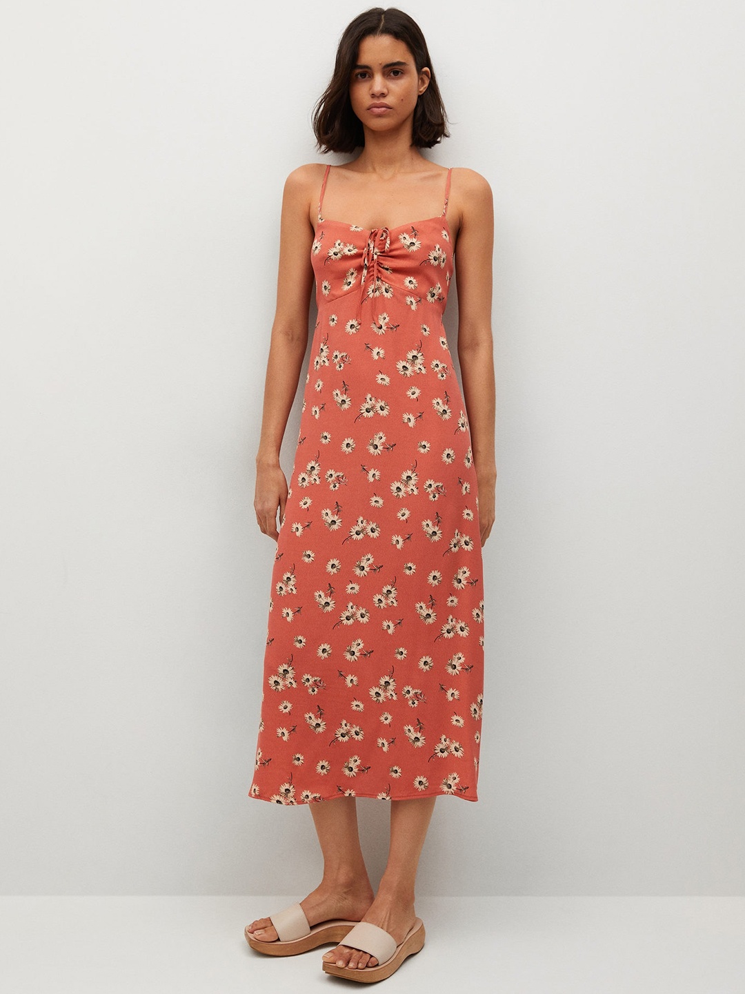 

MANGO Coral Pink & Beige Floral Print Midi A-Line Dress