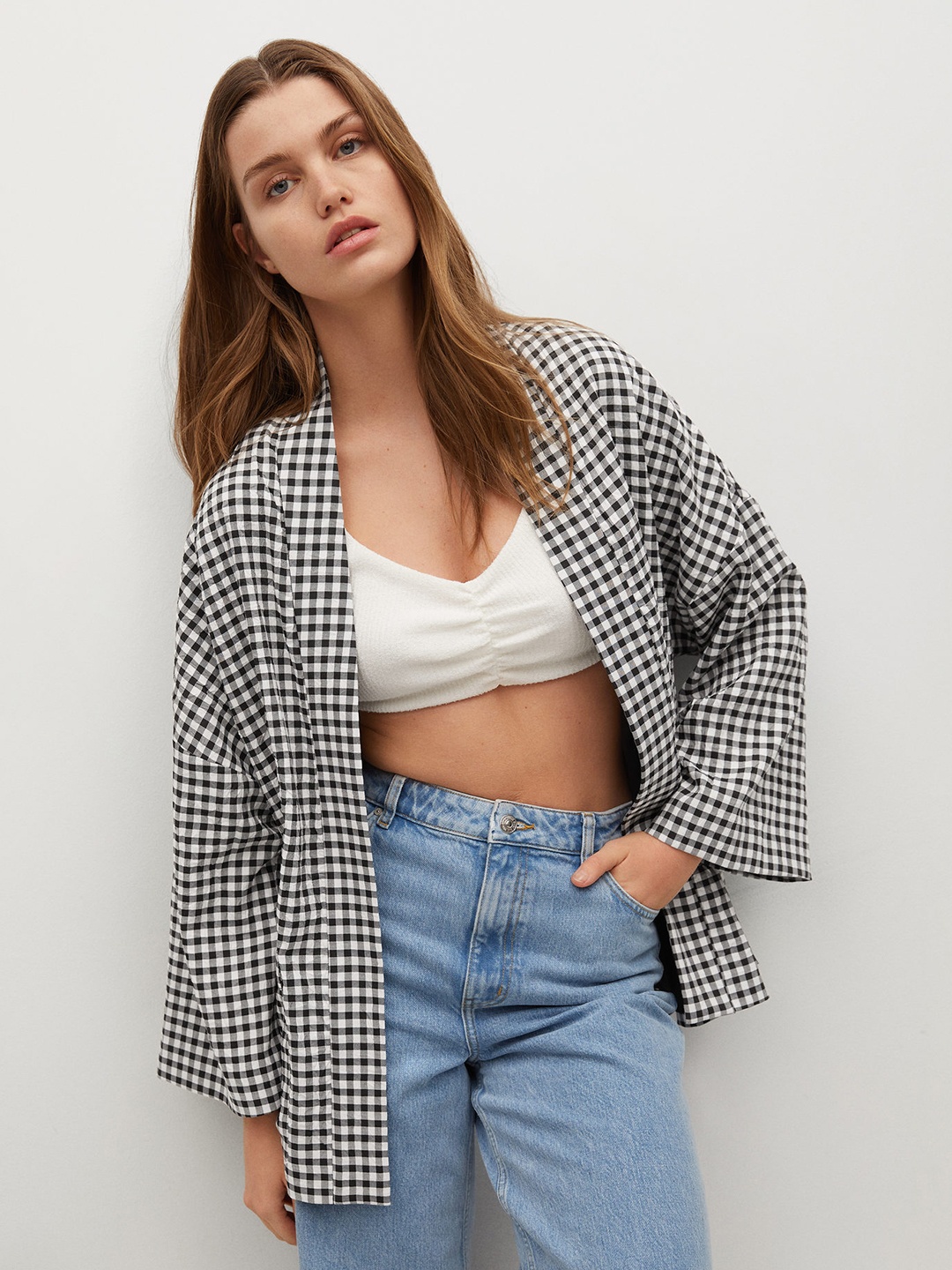 

MANGO Women White & Black Shepard Check Crushed Effect Open Front Jacket