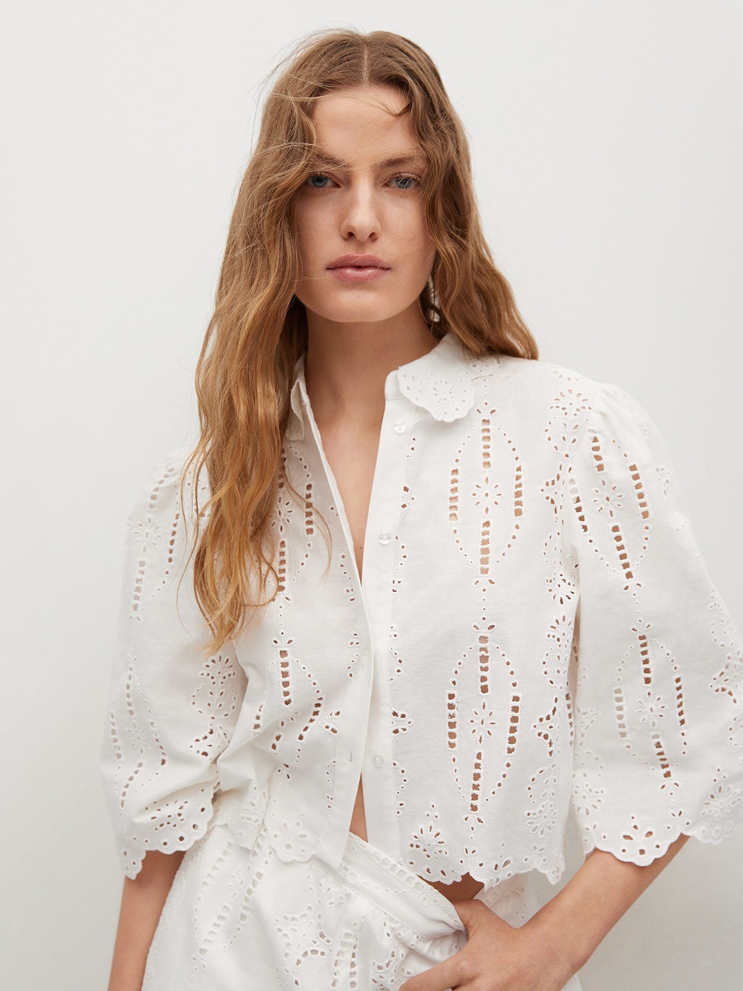 

MANGO Women White Schiffli Embroidered Opaque Casual Shirt
