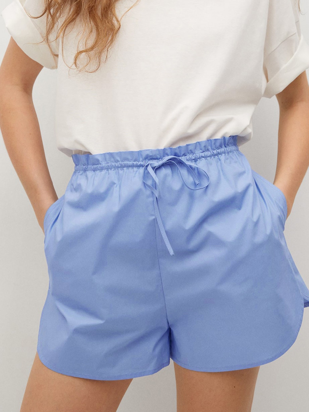 

MANGO Women Blue Solid Pure Cotton Regular Shorts
