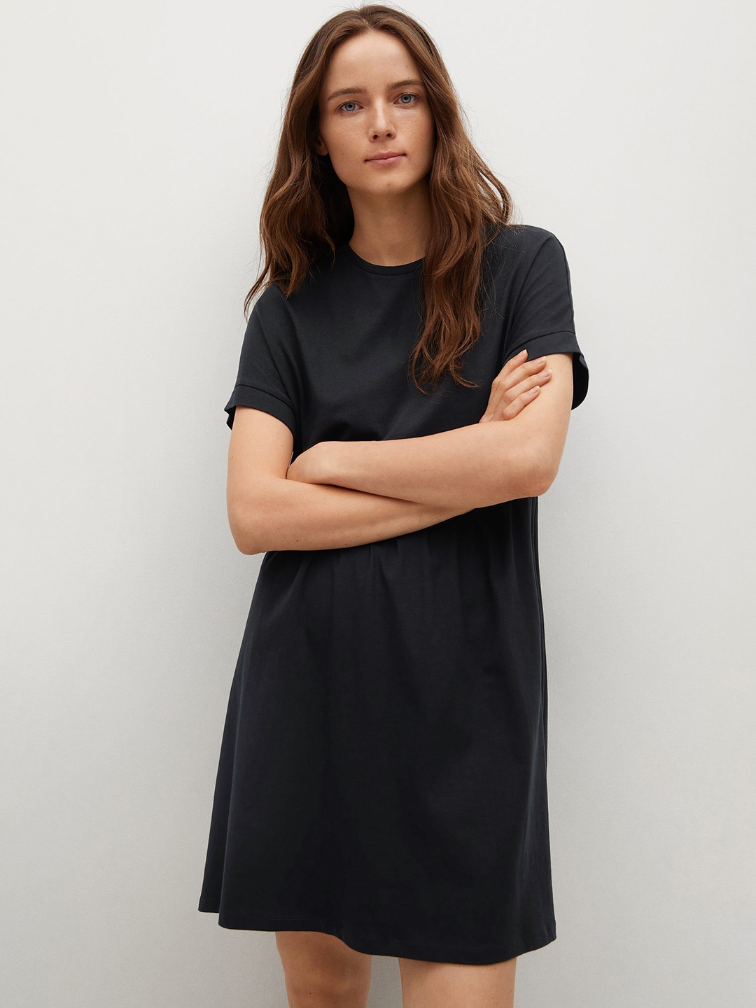 

MANGO Navy Blue Solid Pure Cotton A-Line Dress