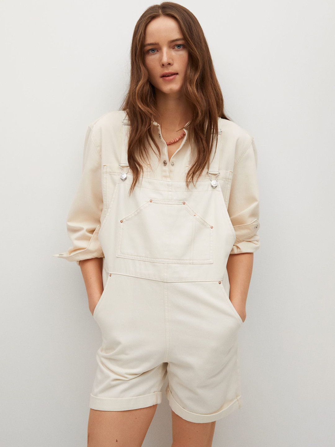

MANGO Women Off-White Solid Pure Cotton Denim Dungarees