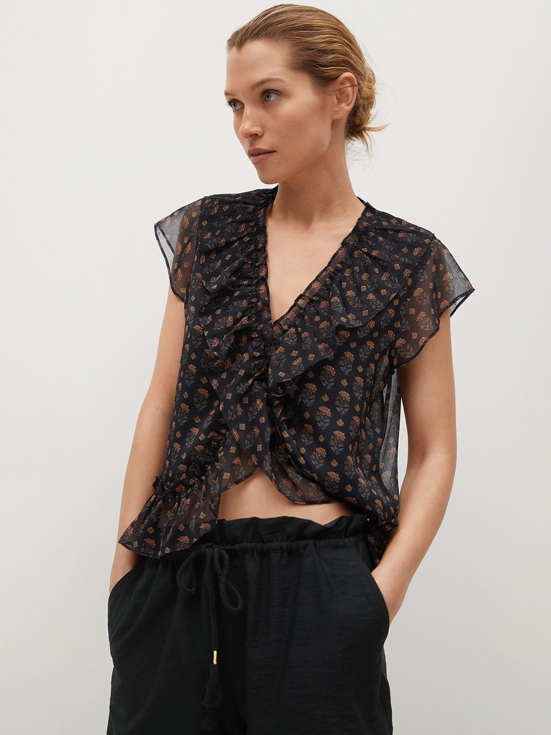 

MANGO Black & Yellow Floral Ruffled Mock Wrap Top