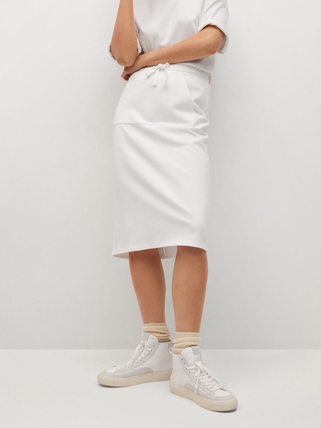 

MANGO Women White Solid Pure Cotton Straight Skirt