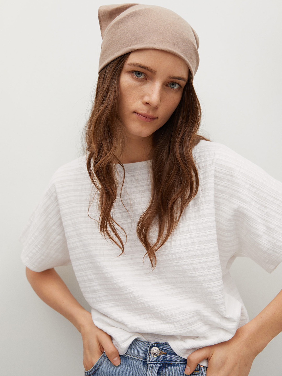 

MANGO Women White Self Striped Extended Sleeves T-shirt