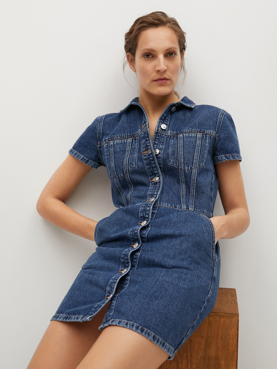

MANGO Navy Blue Pure Cotton Sustainable Denim Shirt Dress