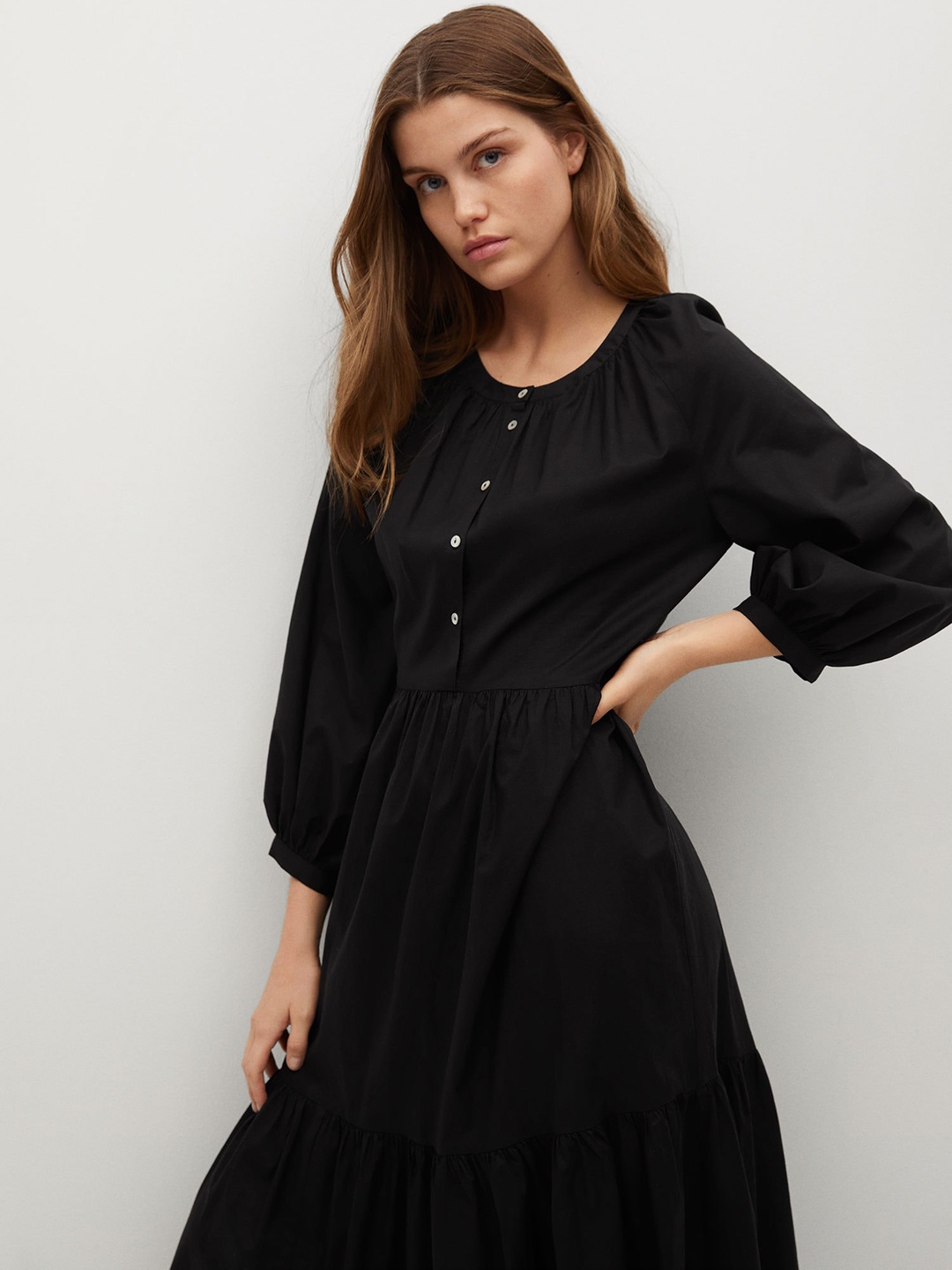

MANGO Black Solid Cotton Gathered Tiered A-Line Midi Dress