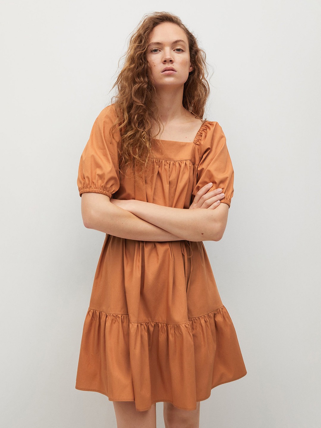 

MANGO Brown Pure Cotton Solid A-Line Dress