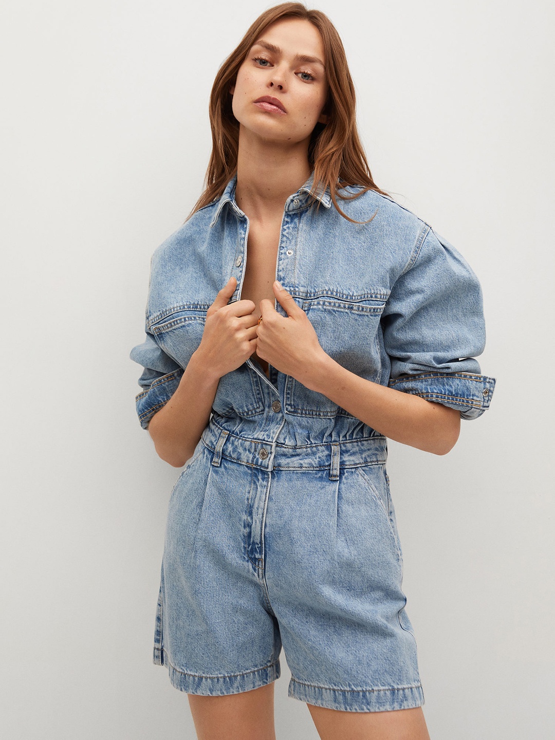 

MANGO Blue Solid Cotton Pockets Playsuits