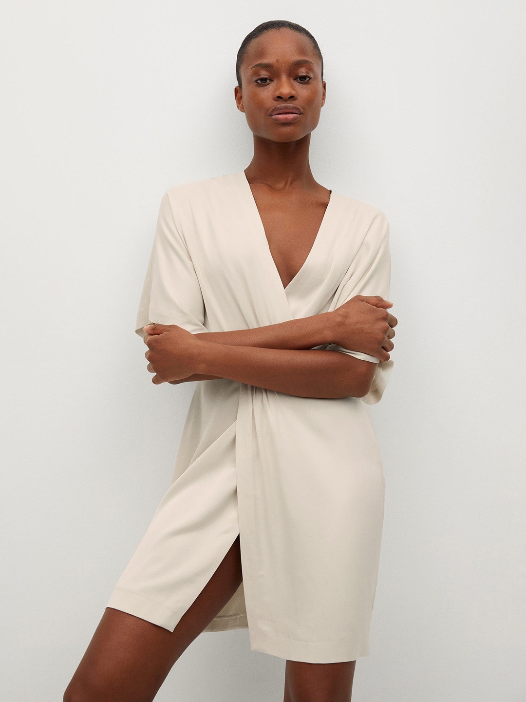 

MANGO Off White Solid Gathered Wrap Dress