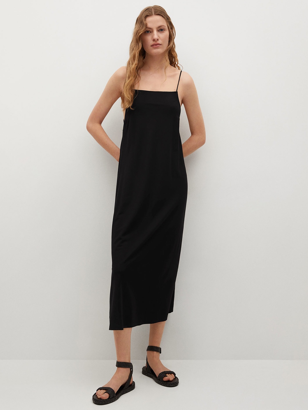 

MANGO Black Solid A-Line Midi Dress