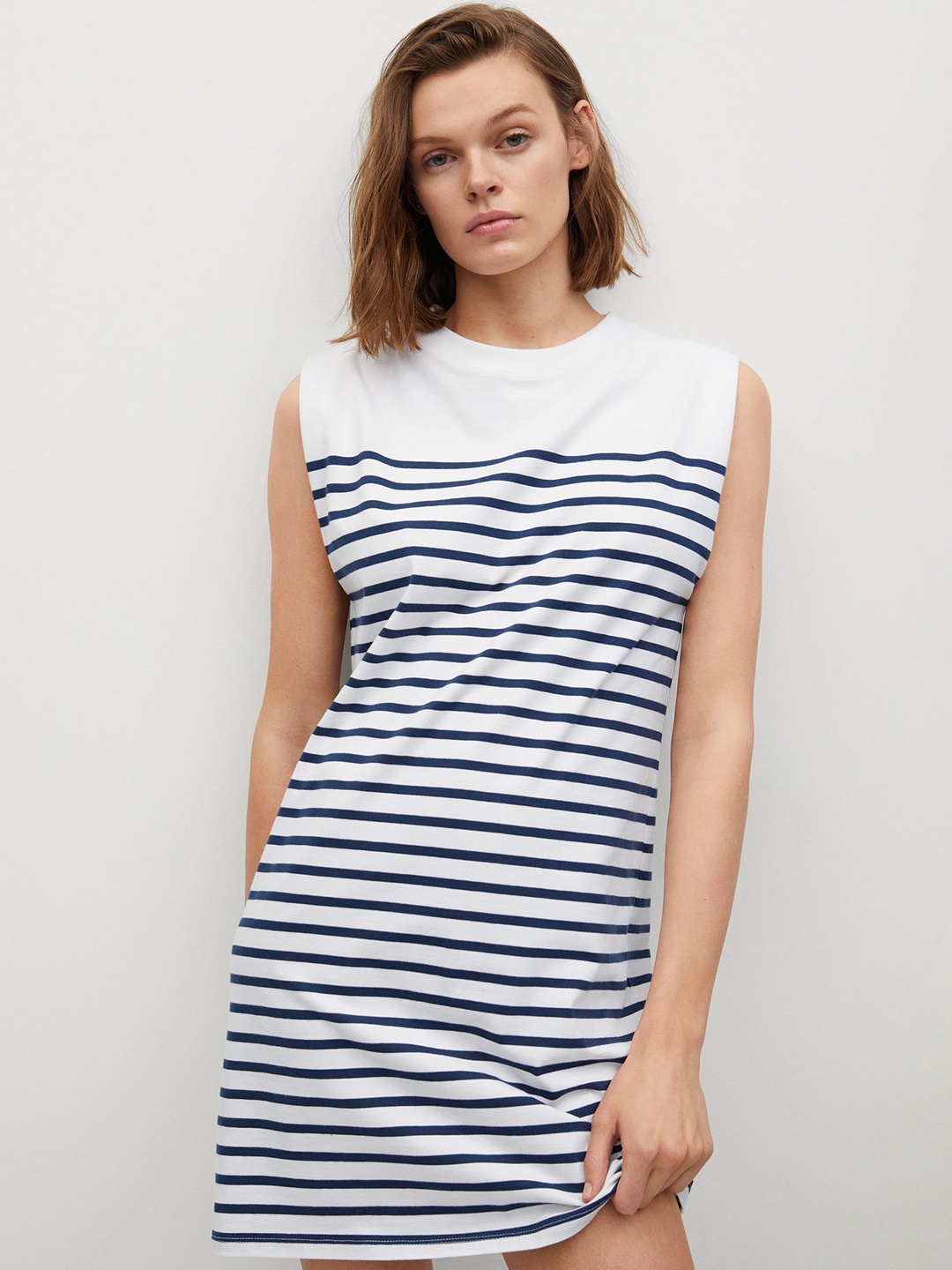 

MANGO Women White & Blue Striped Pure Cotton T-shirt Dress
