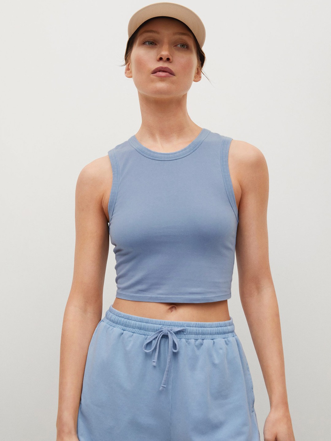 

MANGO Women Blue Organic Cotton Fitted Crop Top