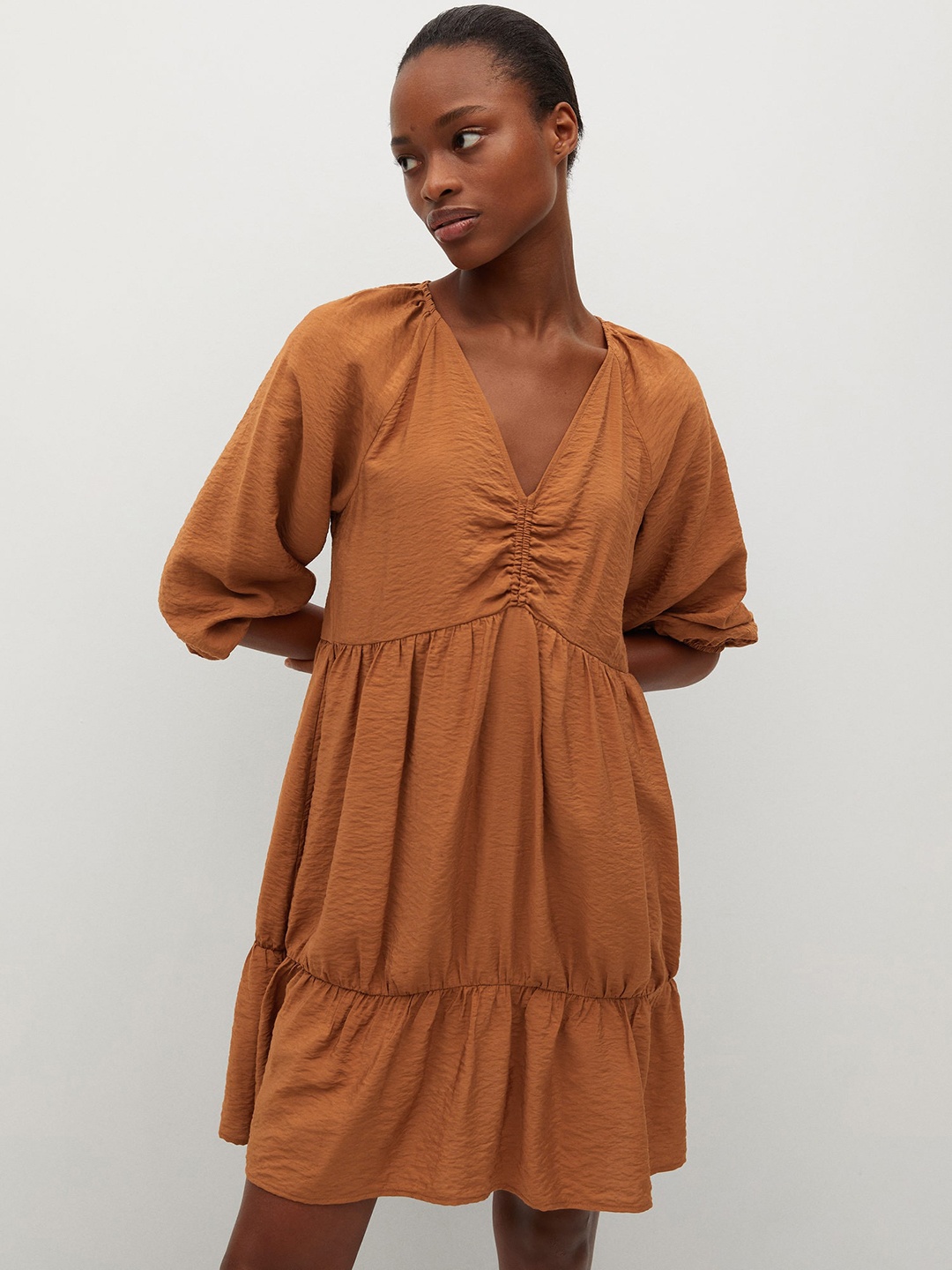 

MANGO Women Brown Solid Gathered Tiered A-Line Dress
