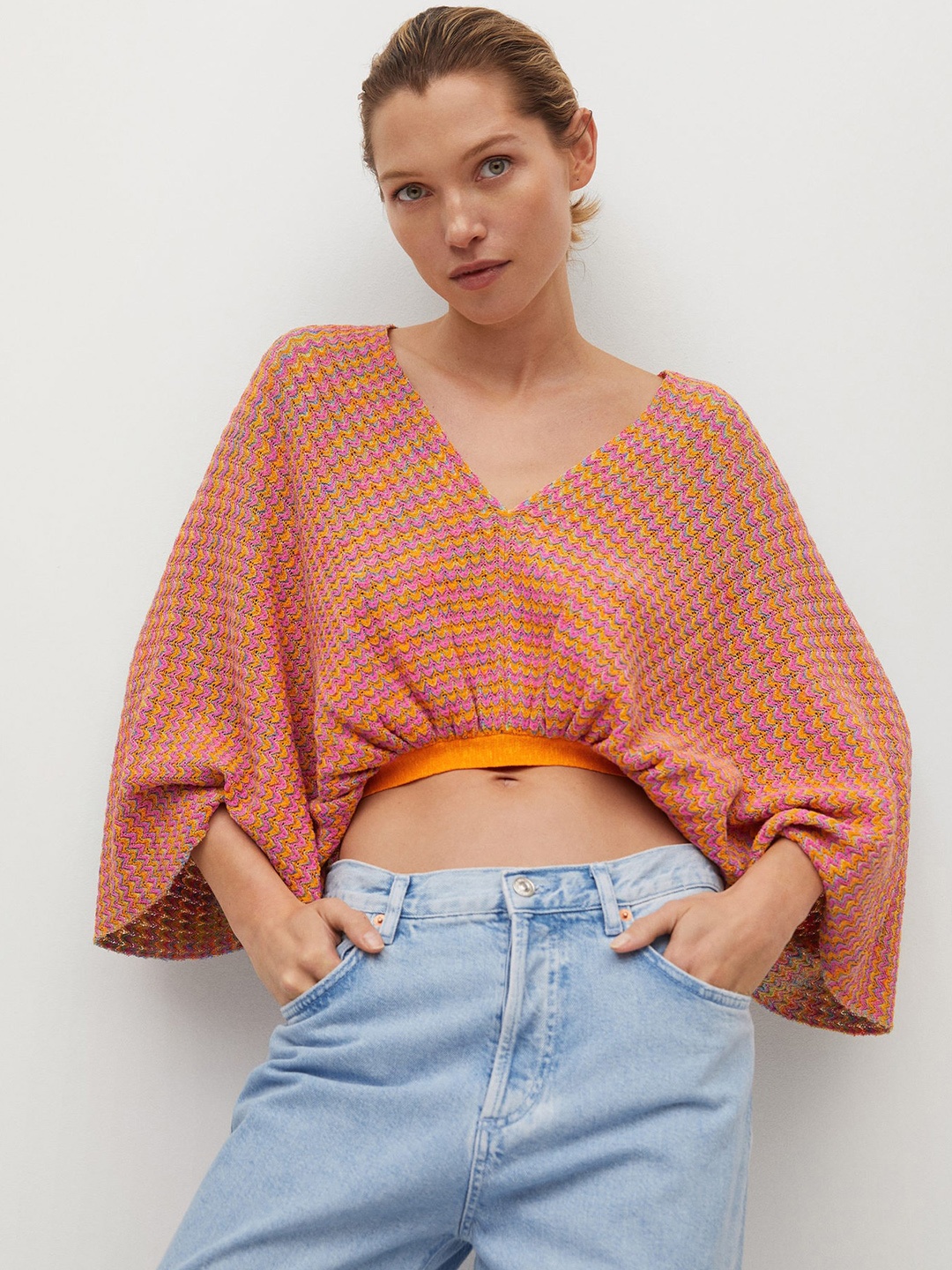 

MANGO Orange & Purple Self-Design Blouson Crop Winter Top