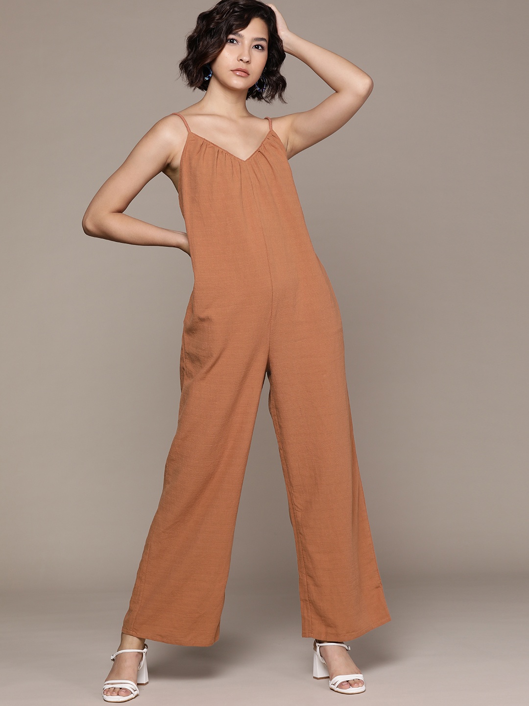 

MANGO Brown Solid Gathered Cotton Basic Jumpsuit