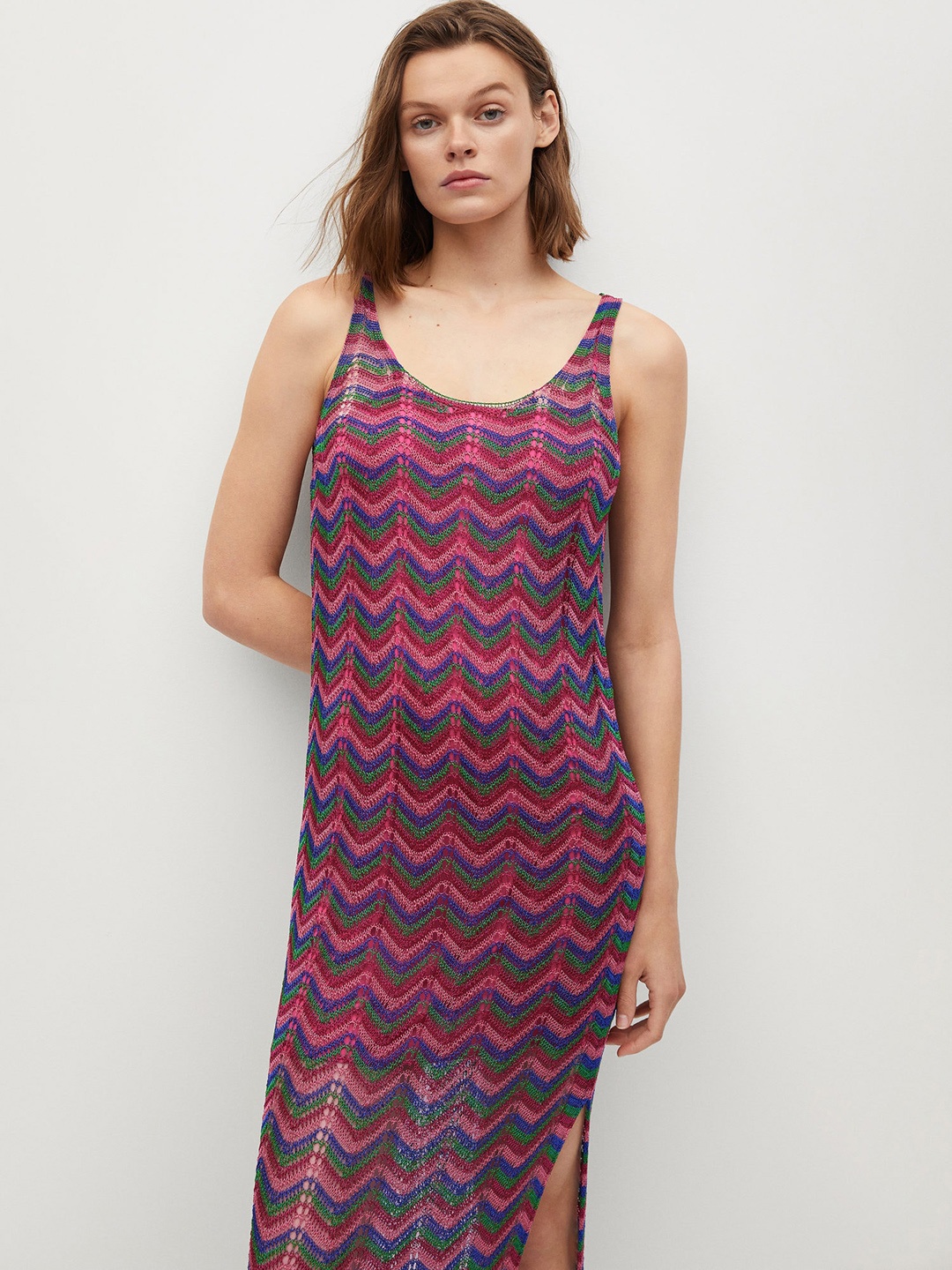 

MANGO Pink & Blue Chevron Woven Design A-Line Midi Dress