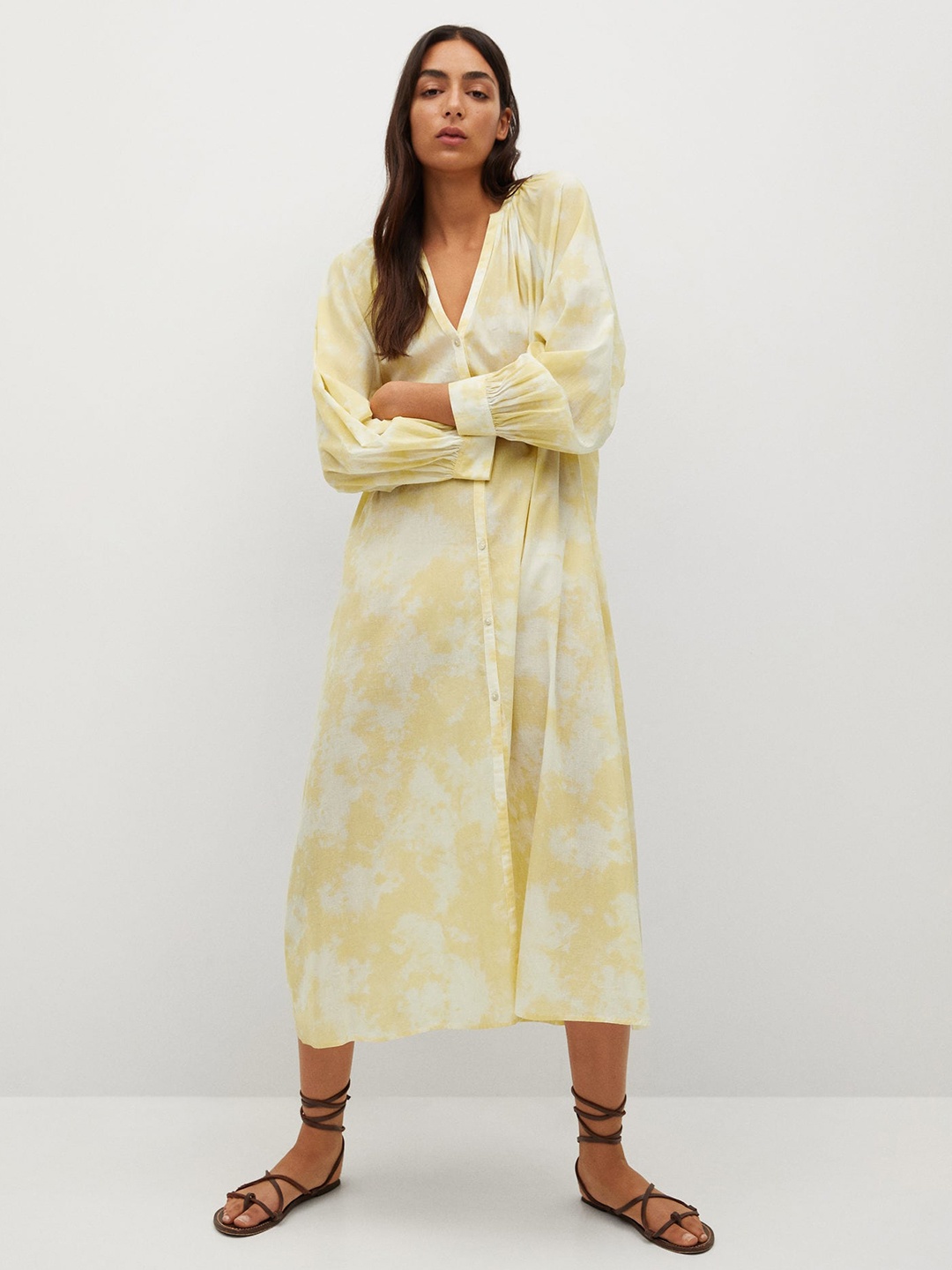 

MANGO Yellow & Off White Dyed A-Line Midi Dress