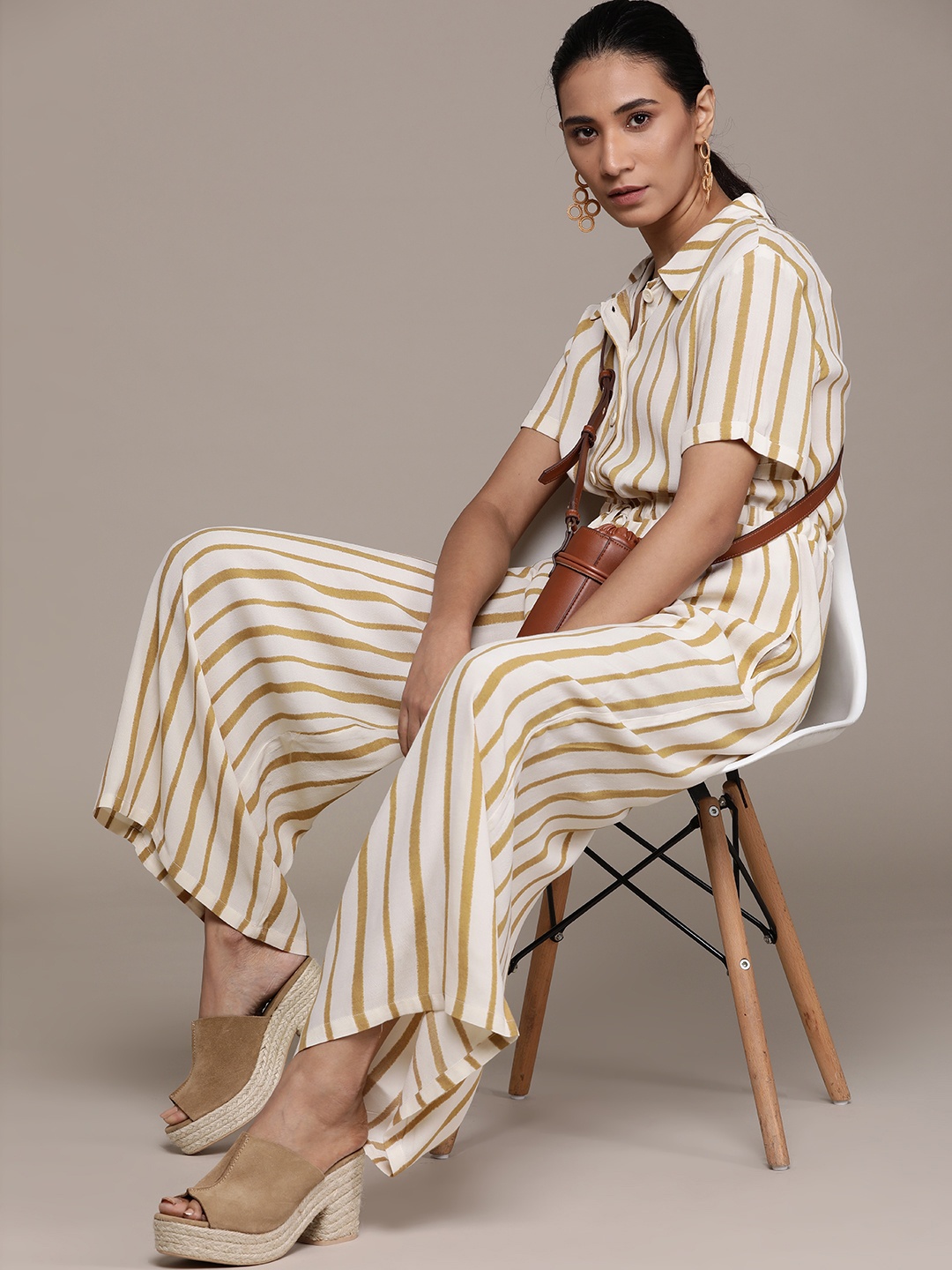 

MANGO Women Off White & Khaki Striped Basic Jumpsuit with Waist Tie-Ups