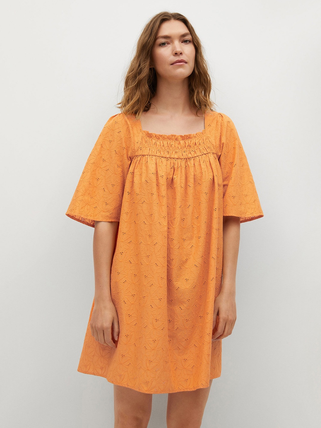 

MANGO Mustard Yellow Floral Embroidered Schiffli Gathered Cotton A-Line Dress